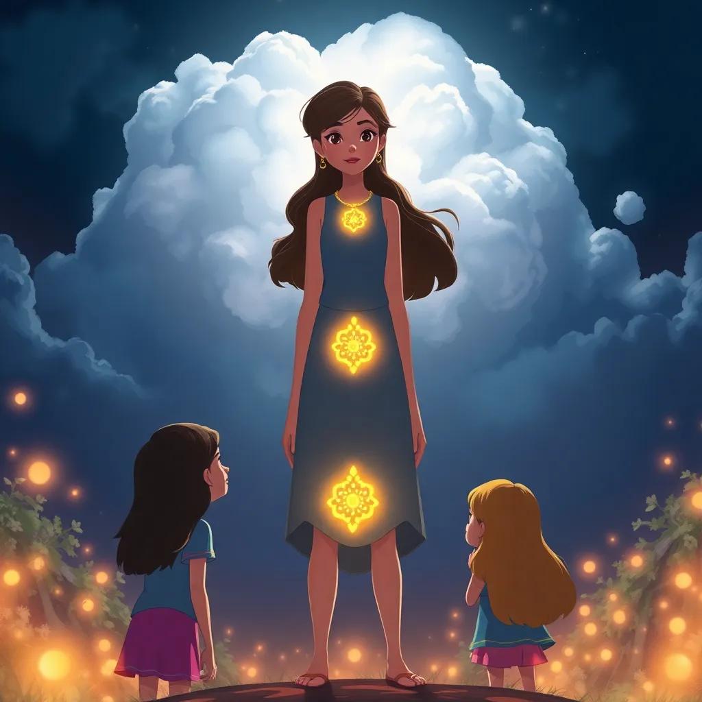 Ella standing tall in front of the dark cloud, her enchanted necklace glowing brightly, surrounded by her friends, as they face obstacles together in the heart of the magical realm, illustration, powerful moment, bright and uplifting