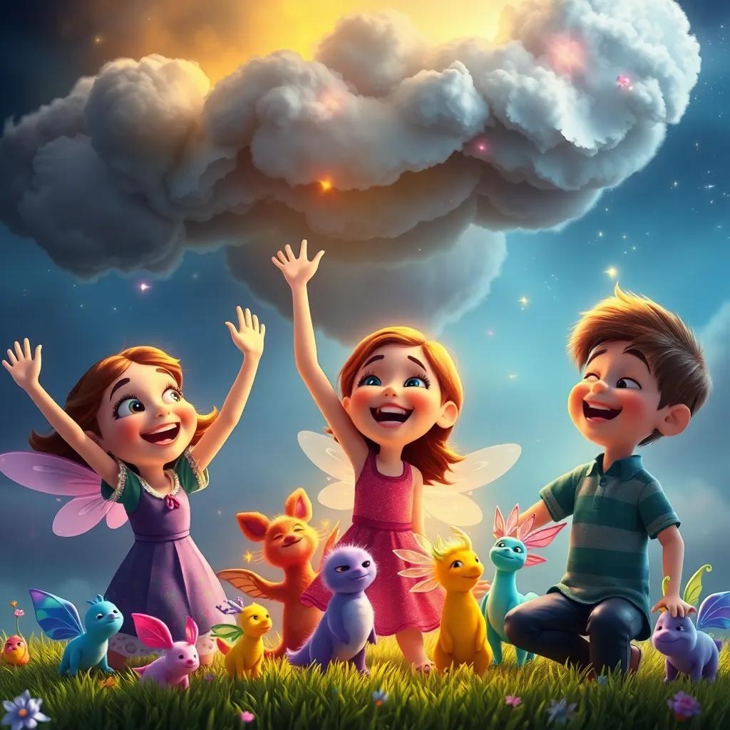 Ella, Luna, and Oliver celebrating as the dark cloud disappears, colorful magical creatures joining them, their joyous expressions illuminated by a warm golden light, vibrant colors, happy atmosphere, magical scene