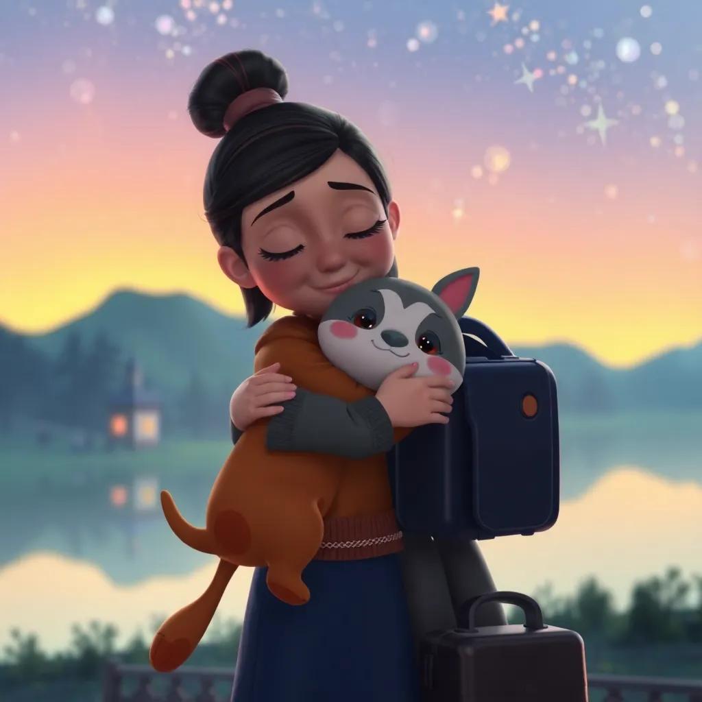 Ella hugging Luna and Oliver goodbye as she prepares to return home, the enchanting background fading away into a warm glow, digital art, emotional farewell, beautiful colors, heartwarming