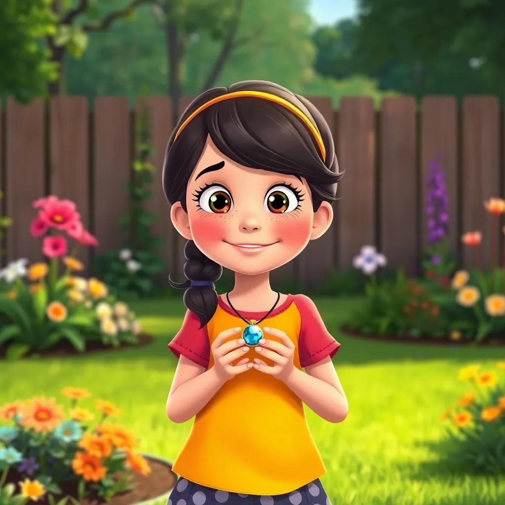 Ella back in her backyard, holding the enchanted necklace close, a bright smile on her face emphasizing the strength and friendship she has found, colorful garden backdrop, illustration, cheerful, inspiring