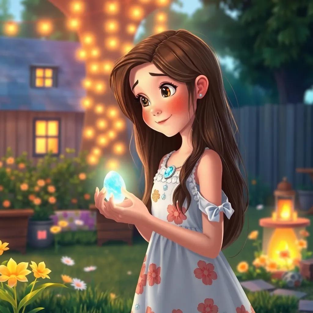 Ella, a girl with long brown hair, wearing a sundress with flowers, looking at the glowing necklace, her backyard filled with memories of her adventure, detailed digital art, bright, uplifting colors, nostalgic feel