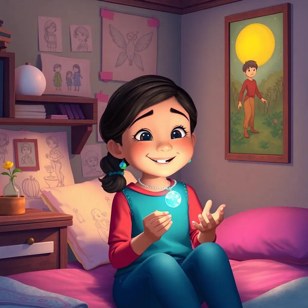 Ella in her room, smiling at the enchanted necklace, surrounded by drawings of her magical adventure, a poster of Luna and Oliver on the wall, illustration, cozy atmosphere, colorful and imaginative