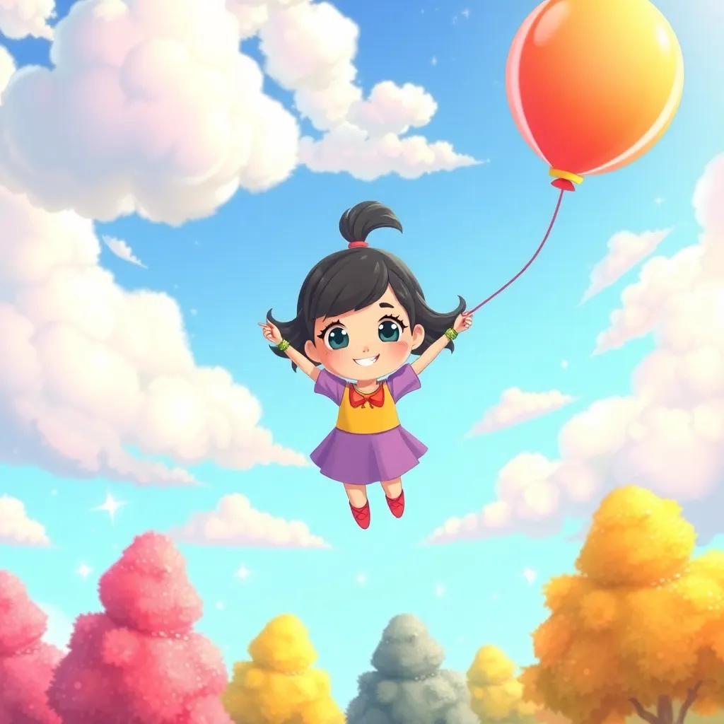 Ella, a cheerful girl with bright eyes, floating high in the sky holding her shiny balloon among fluffy colorful clouds, below are candy-like trees, magical sparkles around, daylight, cheerful mood, vibrant colors, illustration style