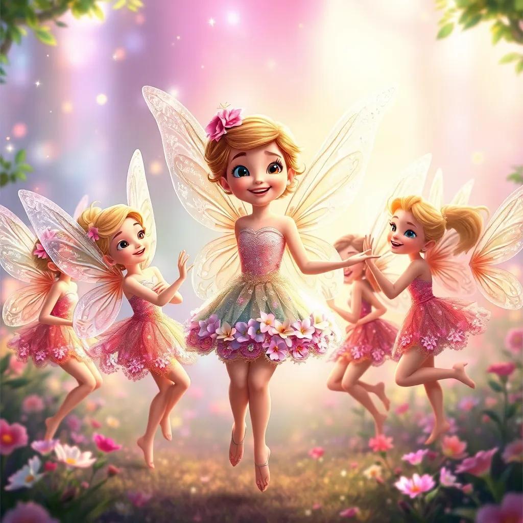 Fairies with glittering wings, dancing around Ella in the magical Fairy Kingdom, each wearing pretty dresses made of flowers, joyful expressions, bright light everywhere, enchanting atmosphere, detailed digital painting