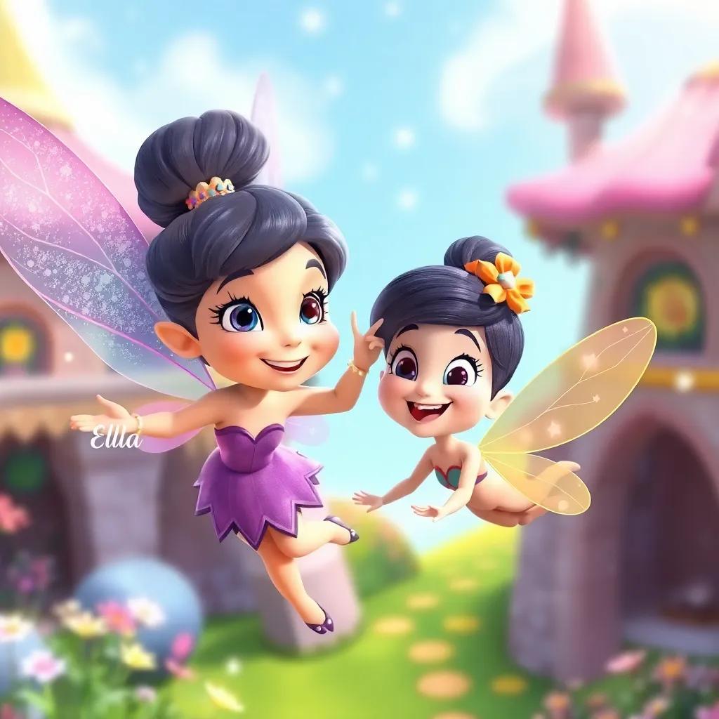 A fairy named Lila, with sparkly wings, flying close to Ella, smiling warmly, in a bright and colorful fairy kingdom, magic in the air, cheerful setting, cartoon style, inviting and friendly vibe