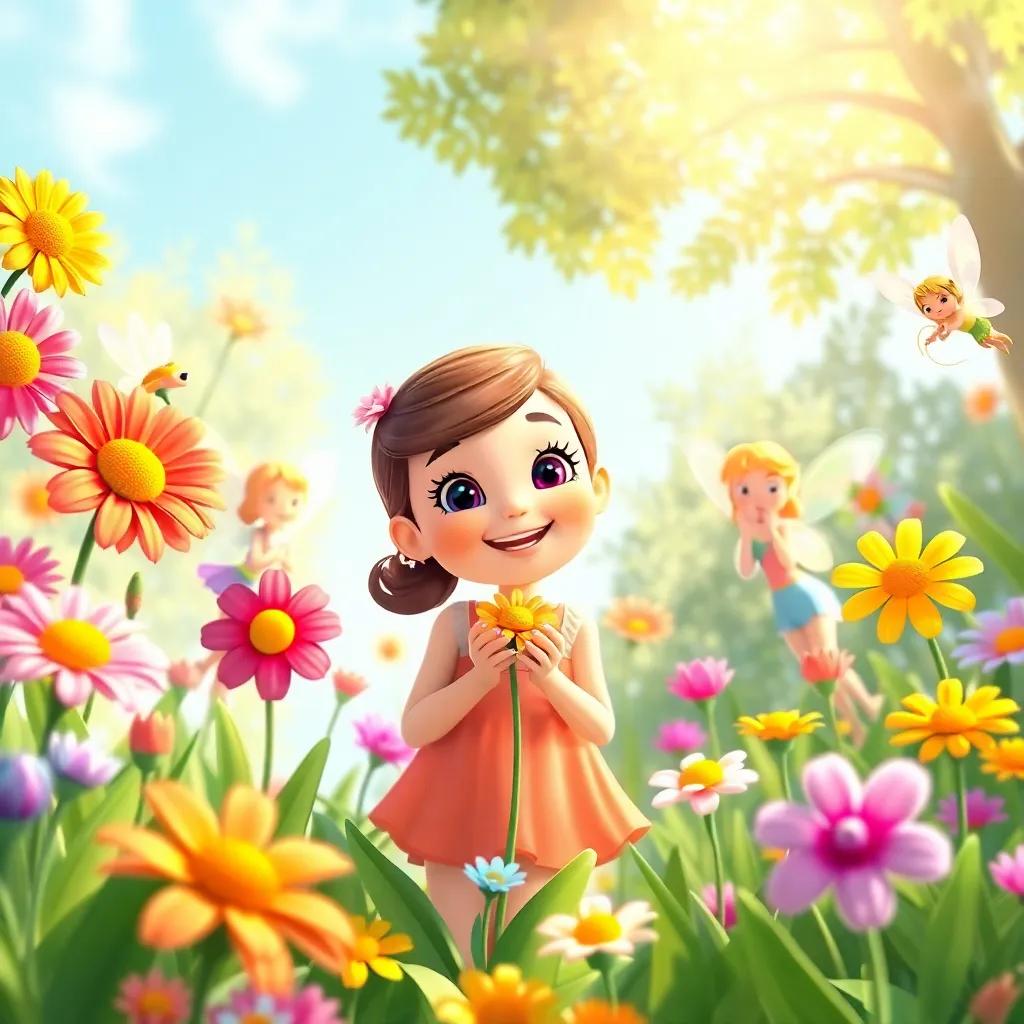 Ella trying to make flowers bloom with a smile, surrounded by colorful flowers opening up, fairies clapping and cheering, joyful atmosphere, bright sunlight, lush greenery, child-friendly illustration