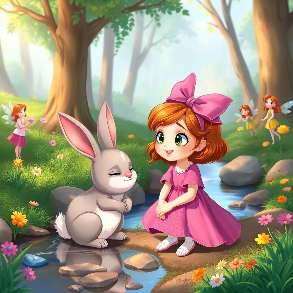 Ella, full of excitement, saying kind words to a sad bunny by a stream, the bunny brightening up, fairies watching and smiling, surrounded by trees and flowers, warm and inviting, heartwarming scene, colorful and enchanting illustration