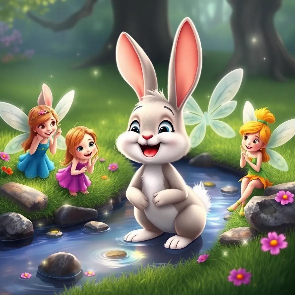 The bunny with a happy smile joining Ella and the fairies, playing games by the stream, all laughing and having fun together, magical sparkles everywhere, cheerful mood, vibrant colors, joyful artwork