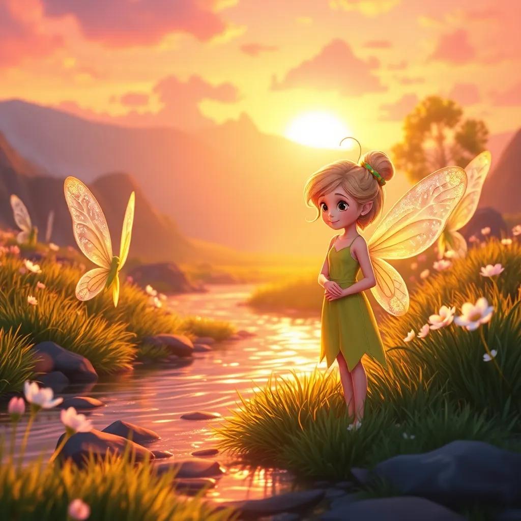 Ella with the fairies standing by the stream as the sun sets, warm light, Lila saying goodbye with a smile, all fairies shimmering, heartwarming moment, colorful sunset background, charming illustration