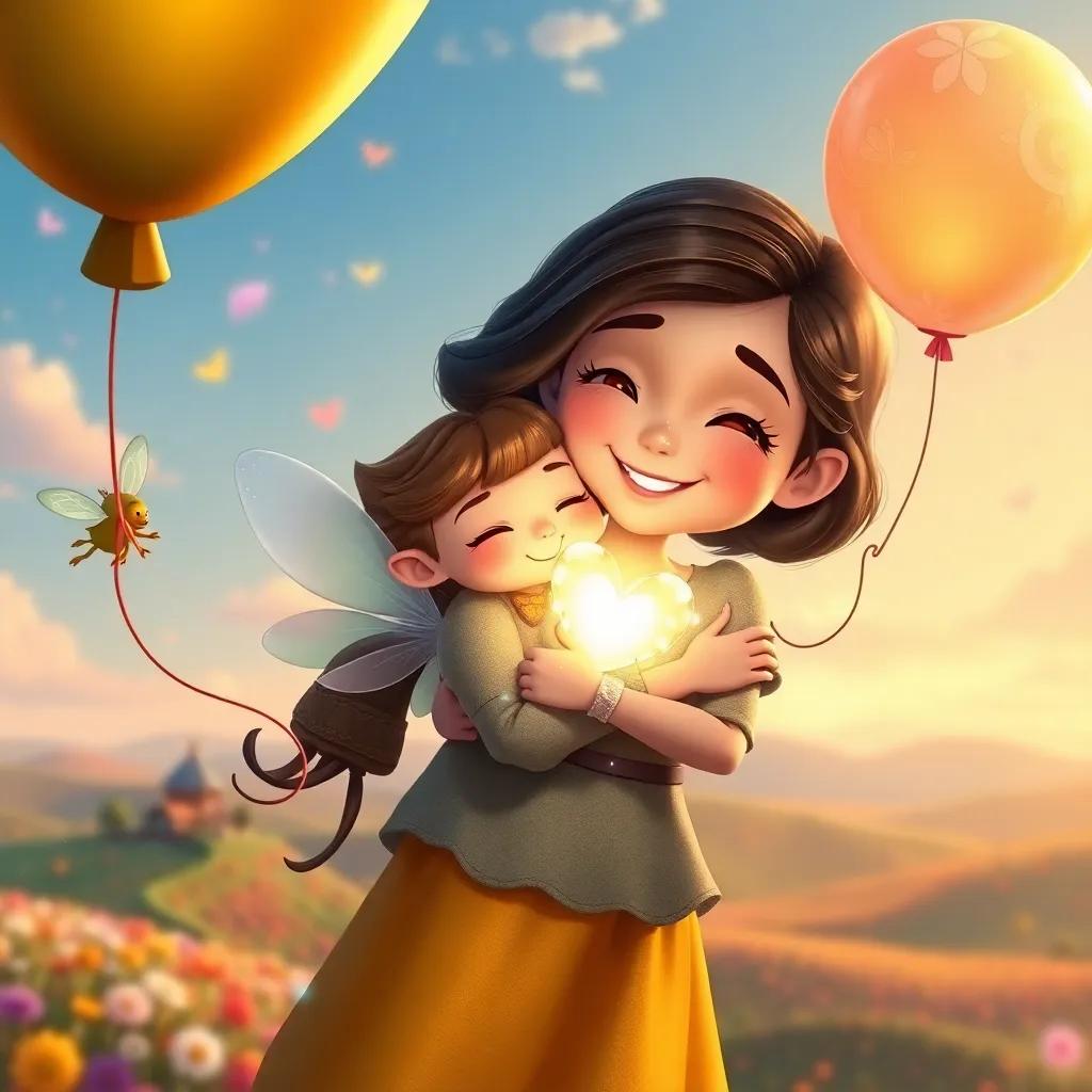 Ella hugging the fairies with a joyful smile, shiny balloon in hand, a glowing heart around them, flying back home over a colorful landscape, warm colors, delightful mood, whimsical digital art