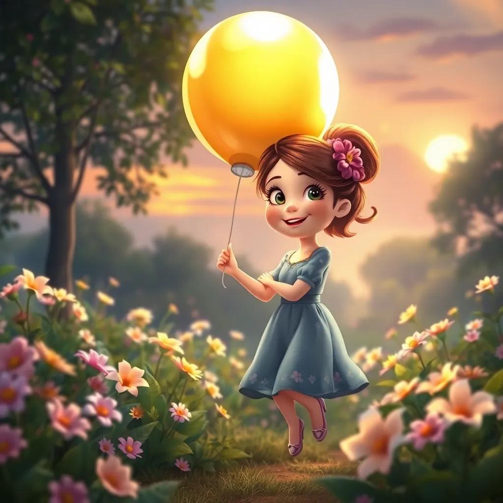 Ella beautifully landing back in her garden with a big smile, her shiny balloon softly guiding her, flowers blooming all around, the sunset in the background, magical atmosphere, detailed and inviting illustration