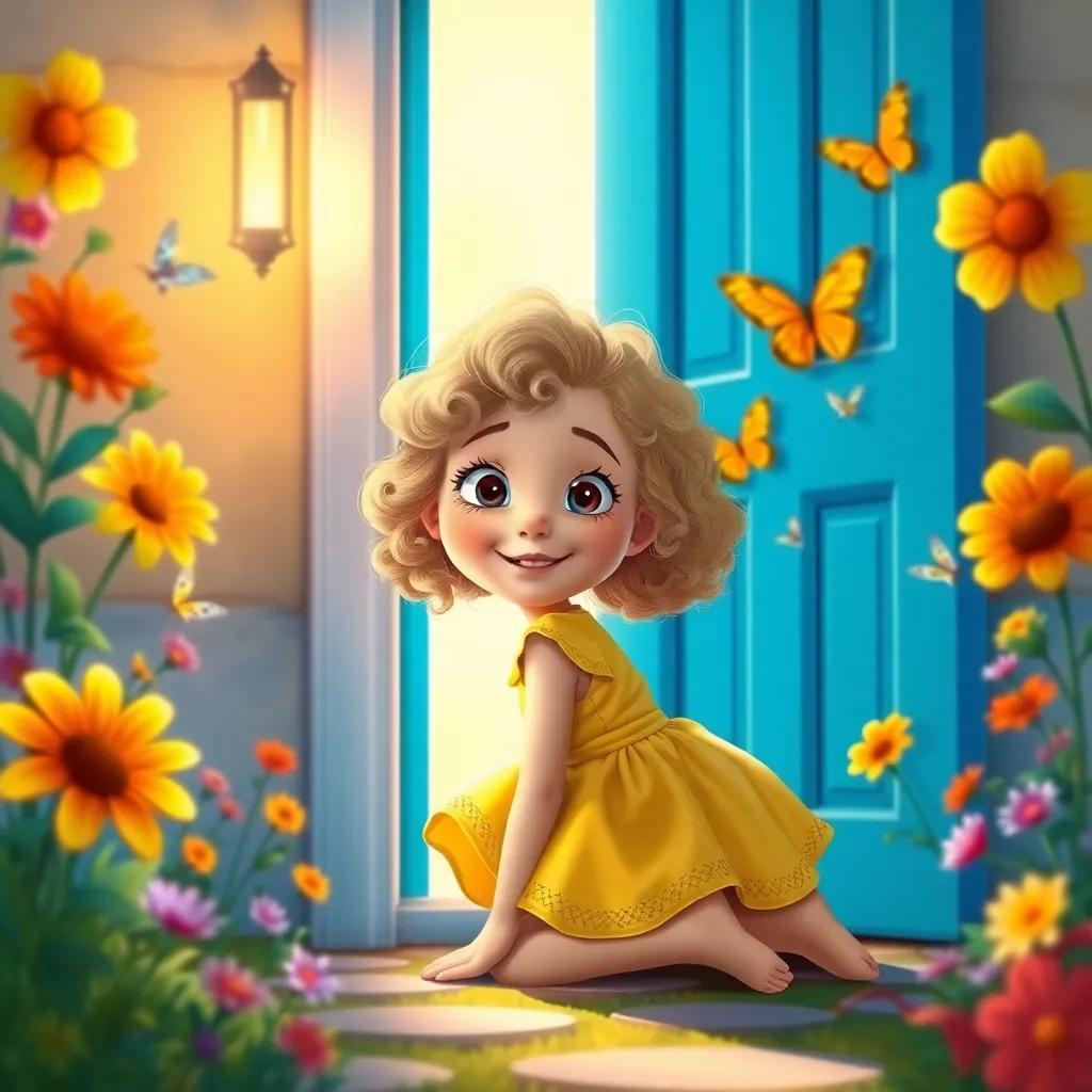 Ella, a cheerful Caucasian girl with curly blonde hair in a yellow dress, kneeling and peering at the open blue door glowing with warm light, surrounded by colorful flowers and butterflies, digital painting, bright and inviting, whimsical