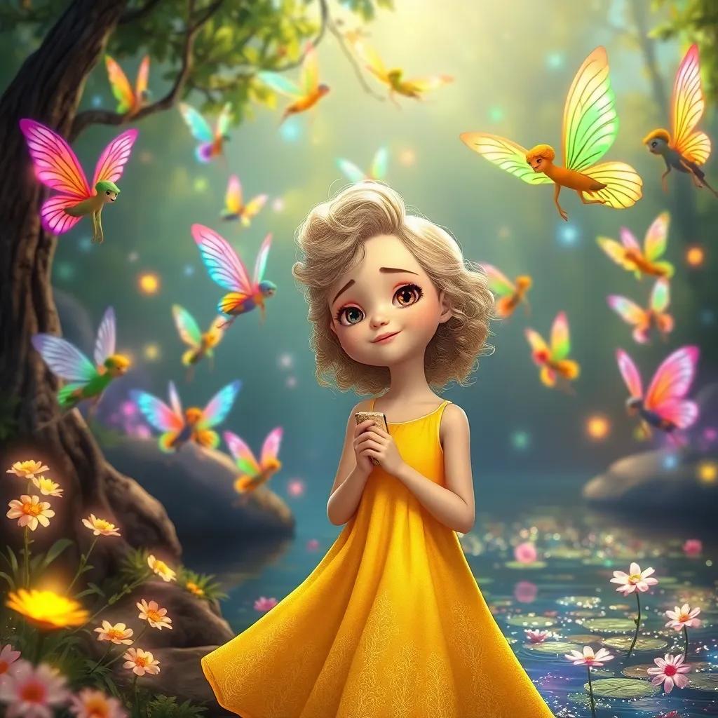 A magical fairy world with Ella, a Caucasian girl with curly blonde hair in a yellow dress, surrounded by colorful fairies with rainbow wings and sparkling lights, singing by a shimmering pond, digital art, enchanting colors, joyful atmosphere, high quality
