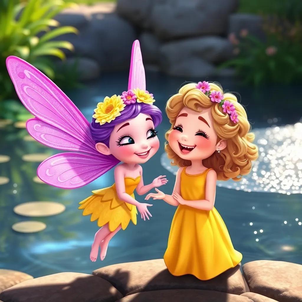 Lila, a fairy with bright purple wings and a flower crown, flying close to Ella, a cheerful Caucasian girl with curly blonde hair in a yellow dress, as they laugh together near the pond with glittering water, illustration, cheerful, friendly