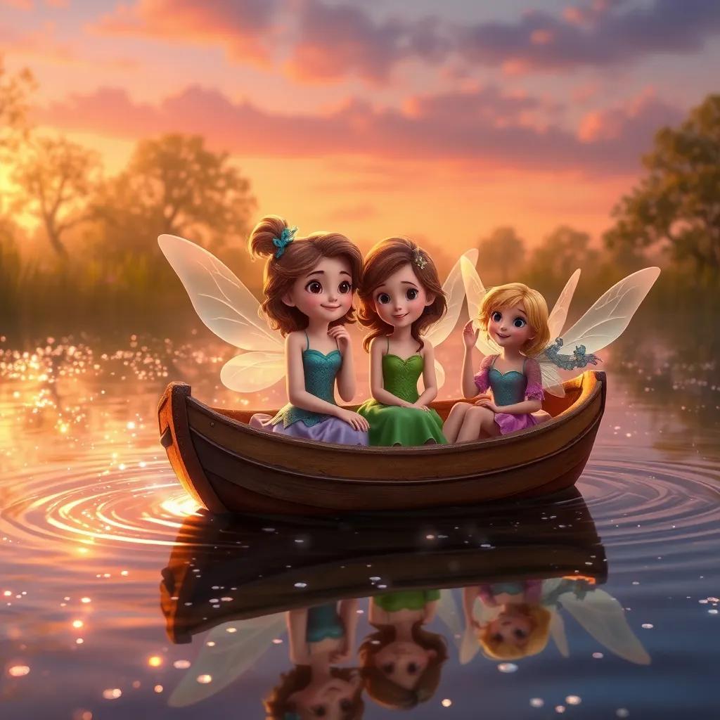 Ella in a tiny boat with Lila and other fairies, floating on a sparkling pond at sunset, the water glimmering like diamonds and the fairies smiling happily, digital painting, warm colors, peaceful atmosphere, high quality