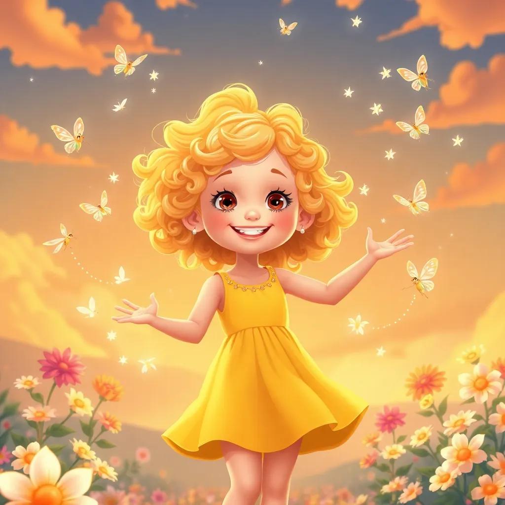 Ella, a cheerful Caucasian girl with curly blonde hair in a yellow dress, dancing with fairies in the air, creating trails of sparkles around them, surrounded by bright flowers and a sunset sky, illustration, joyful, magical