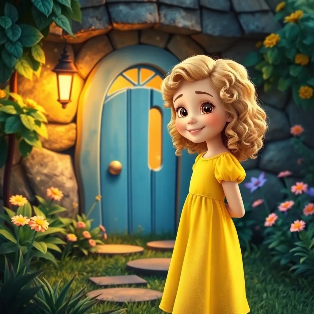 Ella, a Caucasian girl with curly blonde hair in a yellow dress, standing before the tiny blue door in her garden, smiling as she remembers her fairy friends, digital art, warm colors, reflective atmosphere, high quality