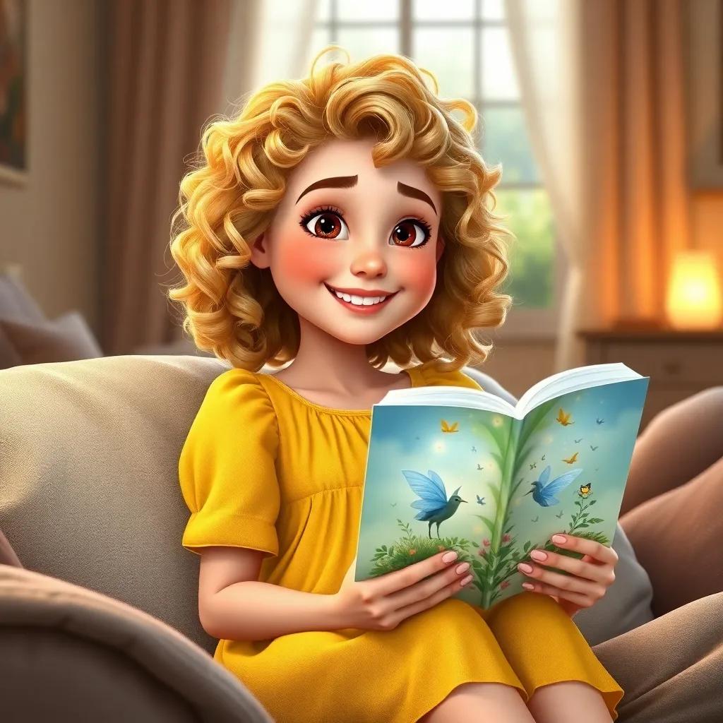 Ella, a cheerful Caucasian girl with curly blonde hair in a yellow dress, relaxing at home with a book about fairies, smiling and imagining her friends, cozy room with soft lighting, digital art, warm and inviting, high quality