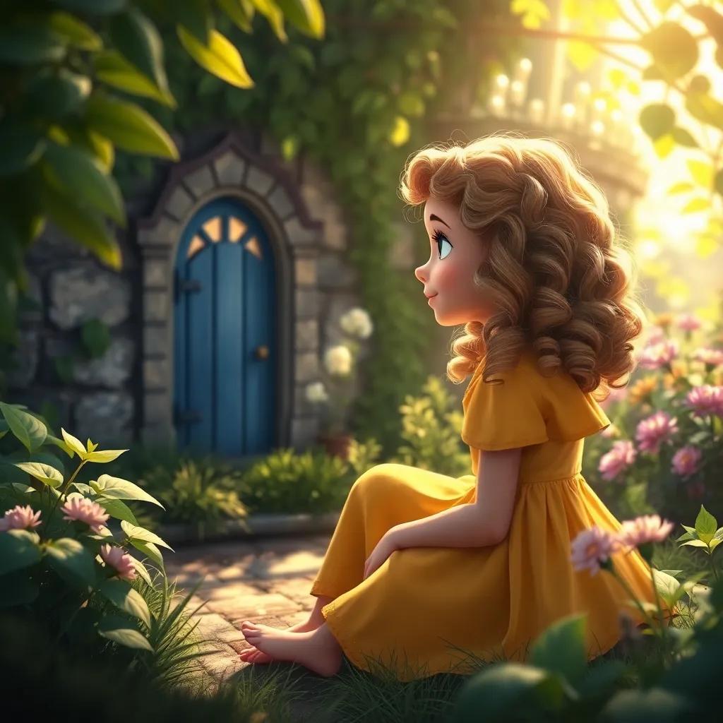 An inspirational scene with Ella, a Caucasian girl with curly blonde hair in a yellow dress, sitting in her garden looking at the tiny blue door, soft sunlight filtering through the leaves, serene and magical, digital painting, warm colors, peaceful atmosphere, high quality