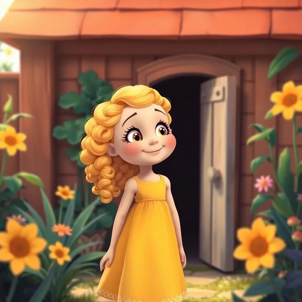 Ella, a cheerful Caucasian girl with curly blonde hair in a yellow dress, standing in her garden, looking lovingly at the tiny door with her eyes sparkling, feeling excited about her next adventure, digital art, bright colors, hopeful tone, high quality