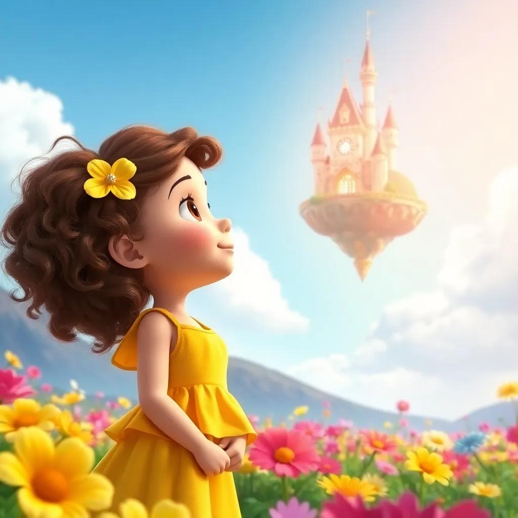 A young girl, Ella, with curly brown hair, wearing a sunny yellow dress, standing in a vibrant flower field under a blue sky, looking up at a shimmering floating castle, digital art, bright colors, cheerful atmosphere, whimsical style