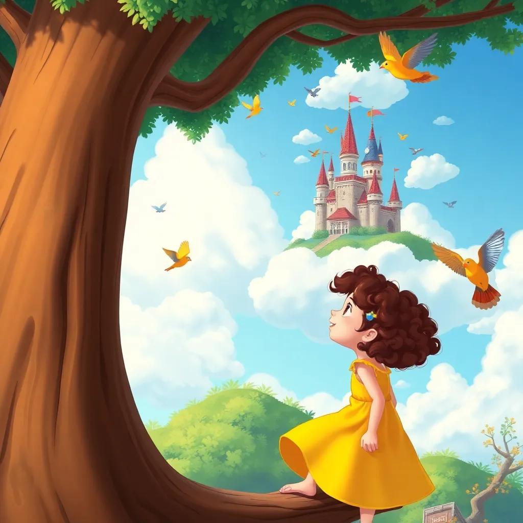 Ella, a young girl with curly brown hair in a sunny yellow dress, climbing a tall tree to see a magical floating castle in the clouds, surrounded by colorful birds, illustration, playful, vibrant colors, child-friendly