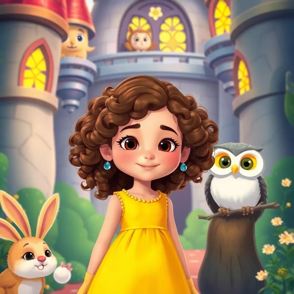 Ella, a young girl with curly brown hair in a sunny yellow dress, surrounded by magical creatures like a furry bunny and a wise owl in the castle, colorful backgrounds, friendly faces, detailed illustration, fantasy vibe