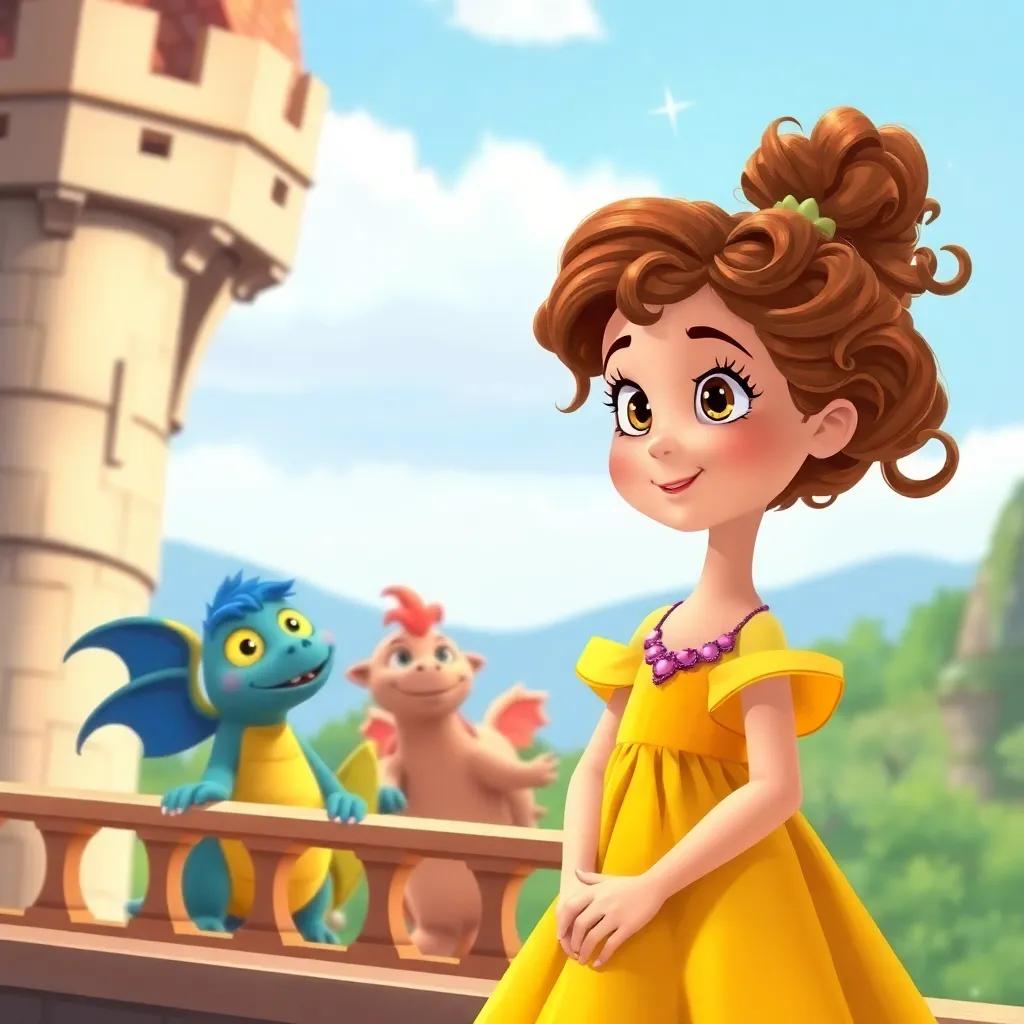 Ella, a young girl with curly brown hair in a sunny yellow dress, standing on a castle balcony with magical creatures, looking excited with sparkles around them, bright colors, cheerful, inviting atmosphere