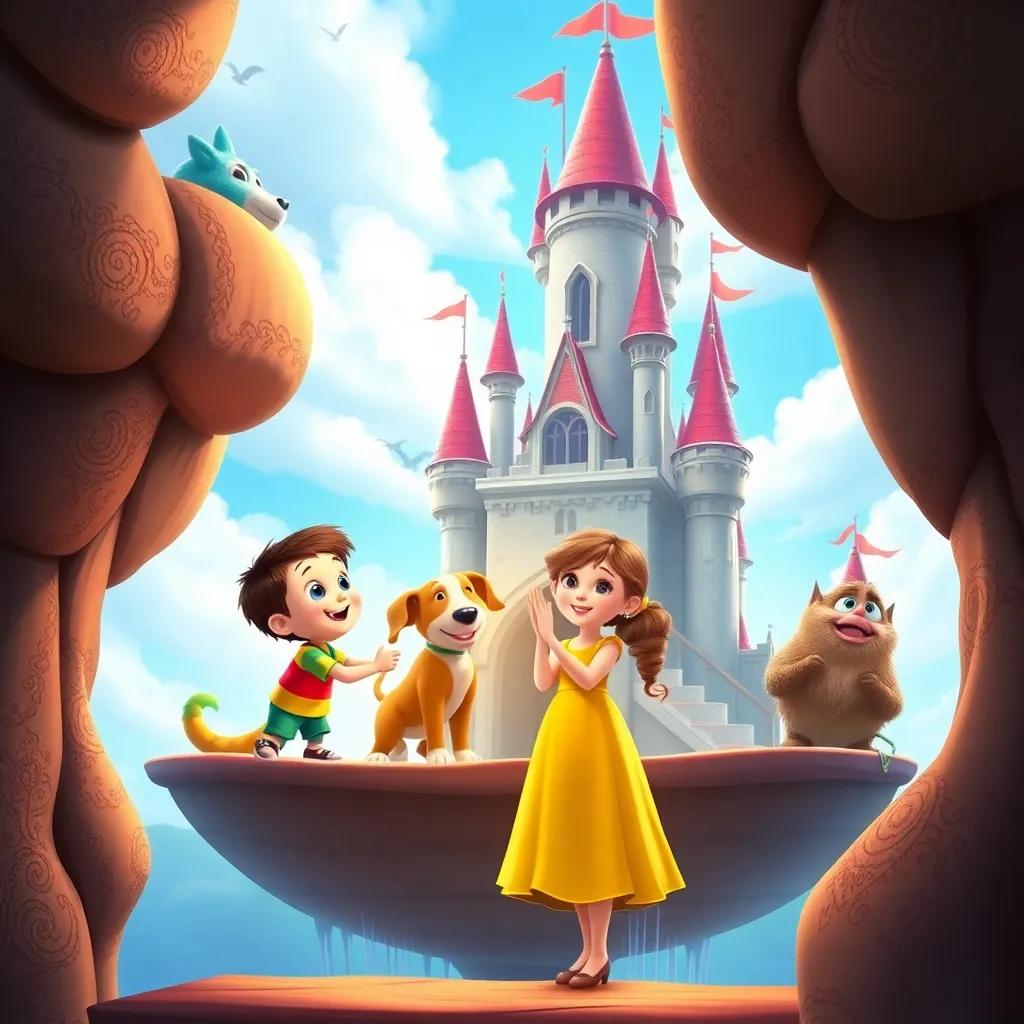 The floating castle with magical creatures helping a young boy, Timmy, see his wish come true by giving him a cute puppy, Ella, a young girl in a sunny yellow dress, clapping with joy, celebration scene, vibrant colors