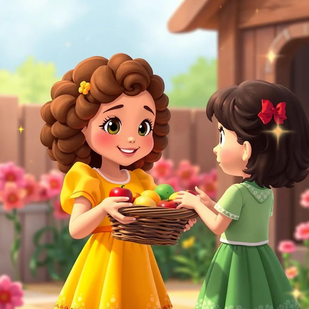 Ella, a young girl with curly brown hair in a sunny yellow dress, helping a girl, Molly, receive a basket of fruit, surrounded by magic sparkles, cheerful scene, bright colors, animated style