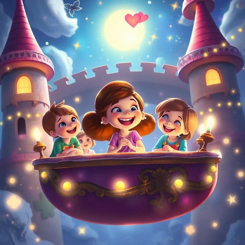 Ella with her friends in the floating castle, laughter and joy lighting up the magical environment, surrounded by wishes coming true, heartwarming scene, colorful, joyful