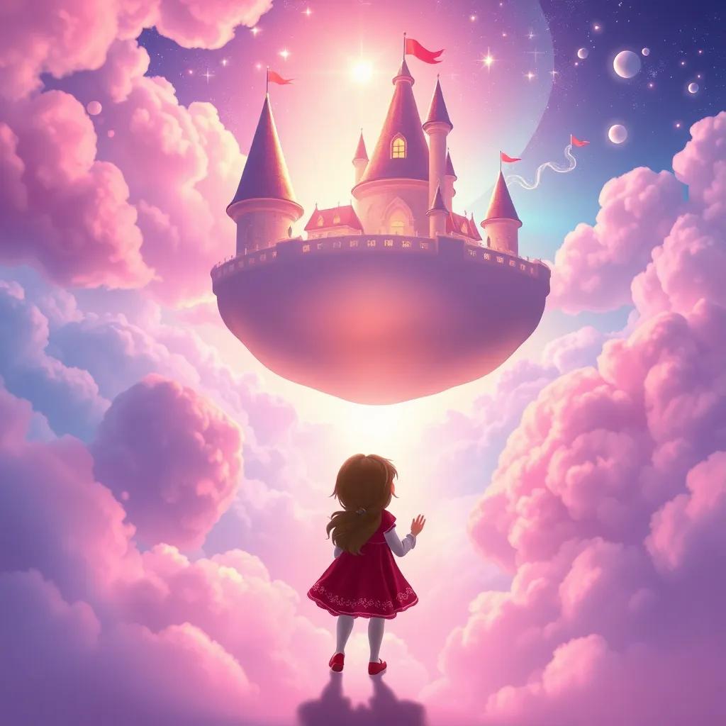 A delightful scene of Ella saying goodbye to her magical friends in the floating castle, the colorful clouds and dazzling light, with a promise of returning, beautiful, nostalgic atmosphere, soft color tones