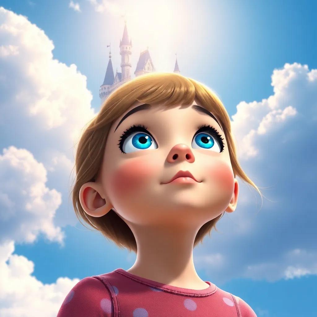 A curious girl, Ella, with bright blue eyes, looking up at a shimmering castle in the clouds on a sunny day, digital art, vibrant colors, cheerful atmosphere, high quality