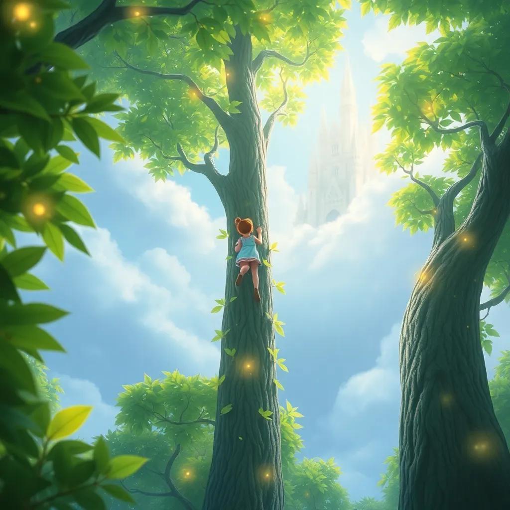 Ella climbing a tall glowing tree, surrounded by bright green leaves, reaching for the fluffy castle, soft clouds in the sky, magical and inviting, detailed digital art
