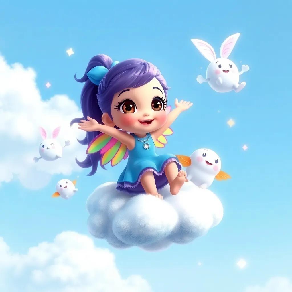 Ella landing on a fluffy, white cloud, with friendly cloud creatures dancing around her, colorful rainbow wings and sparkling eyes, bright and cheerful, high quality art