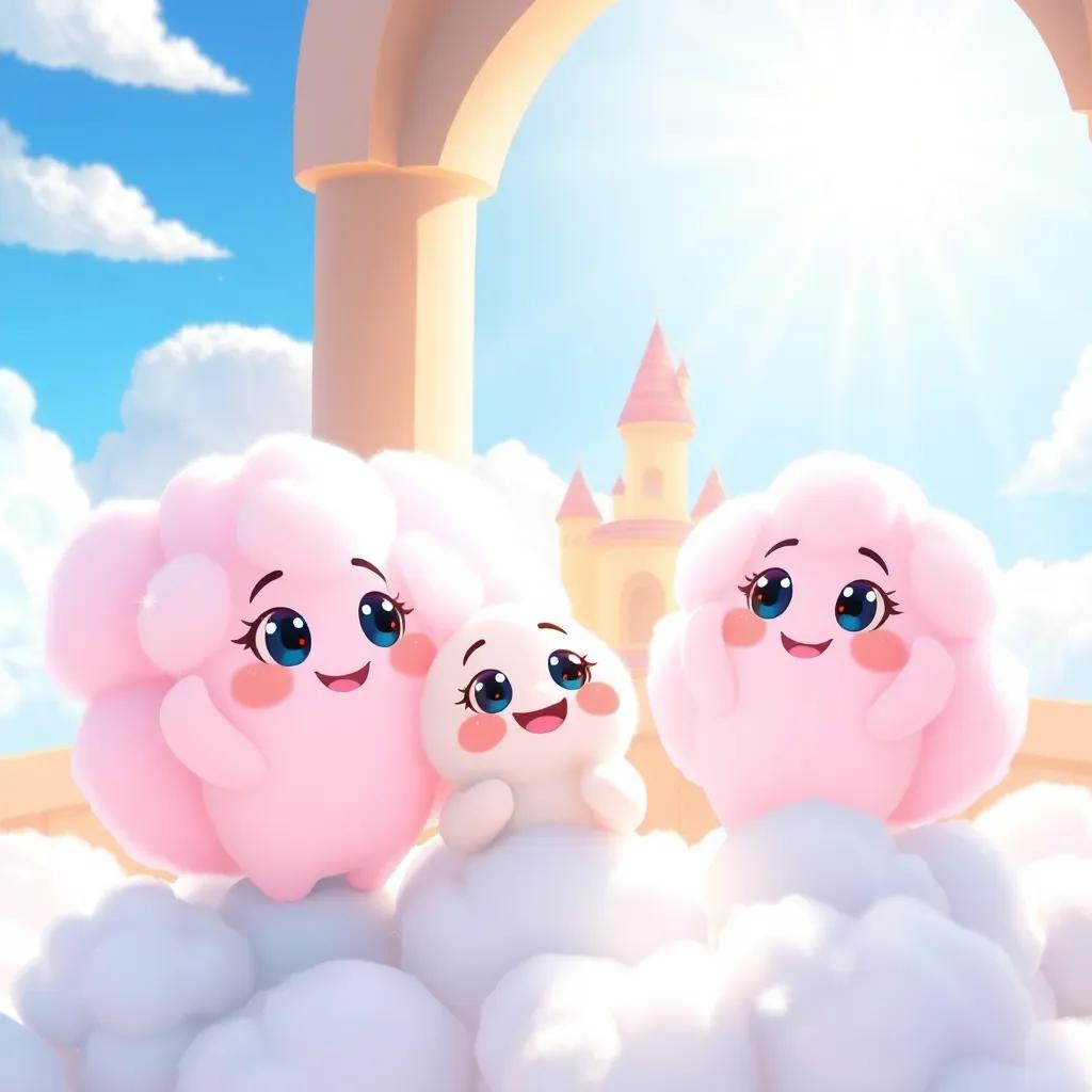 Friendly cloud creatures with cotton candy bodies and sparkling eyes, smiling at Ella, in the Floating Castle, bright sunlight shining down, friendly and welcoming, whimsical illustration