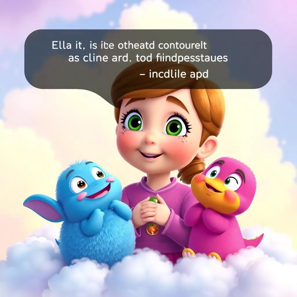 Ella asking cloud creatures about kindness, colorful background with soft clouds, kindness-themed feel, engaging and cheerful, heartwarming digital art