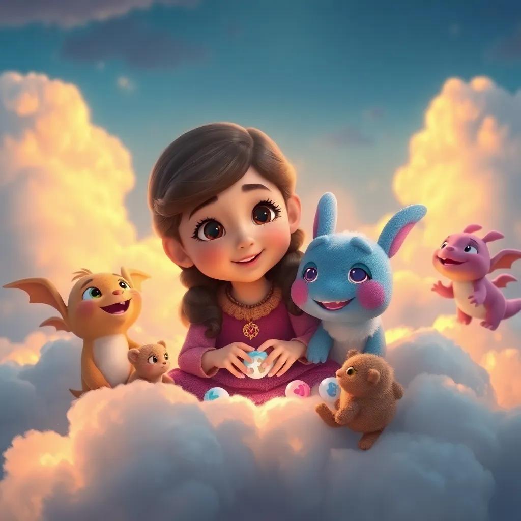 Ella learning to share and listen with cloud creatures, playing games on the clouds, glowing warmth around them, happy expressions, detailed and dynamic scene