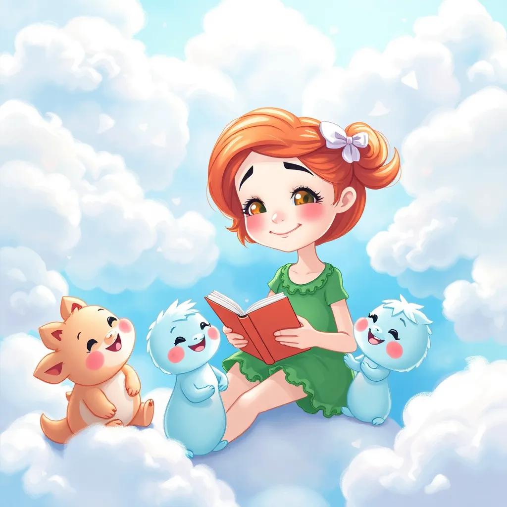 Ella and the cloud creatures playing and sharing stories, vibrant sketches of happiness and joy, filled with fluffy clouds, cheerful atmosphere, high quality
