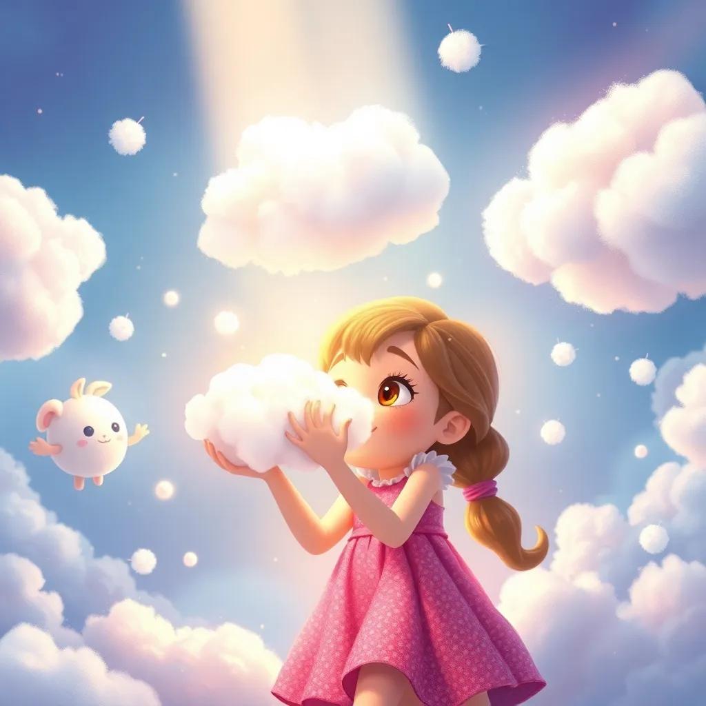 Ella receiving fluffy clouds from cloud creatures, a scene filled with colors of kindness and friendship, bright and magical light, whimsical art style