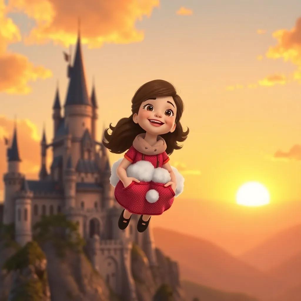 Ella floating down from the castle, her pockets full of fluffy clouds, joyful expression, returning home with a bright sunset in the background, warm colors