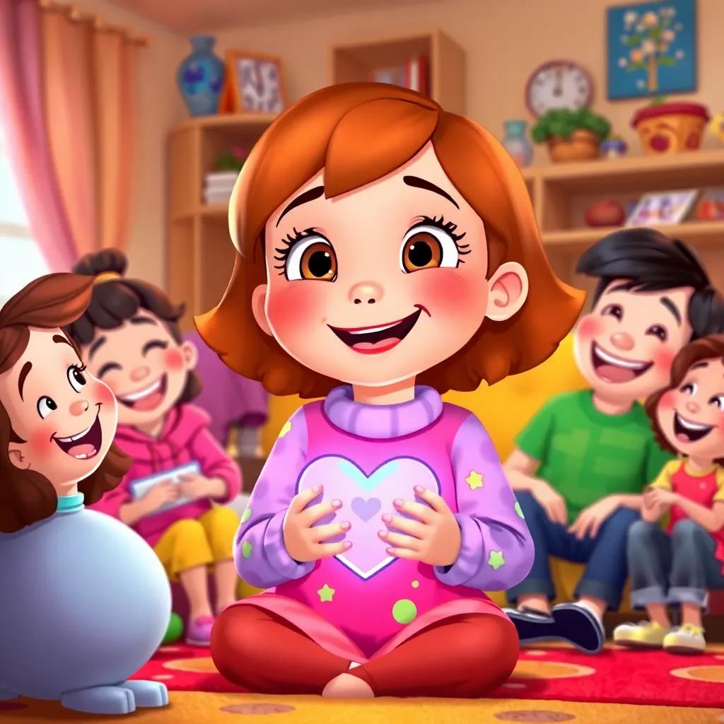 Ella at home, spreading kindness to her friends, her heart full of happiness, colorful setting with friends laughing and smiling, uplifting and joyful art