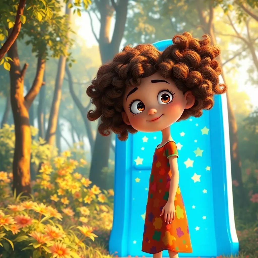 Ella, a brave girl with curly brown hair, wearing a colorful dress, standing in a sunny forest, discovering a bright blue floating door covered in sparkling stars, digital art, whimsical, warm light, vibrant colors, inviting atmosphere, high quality