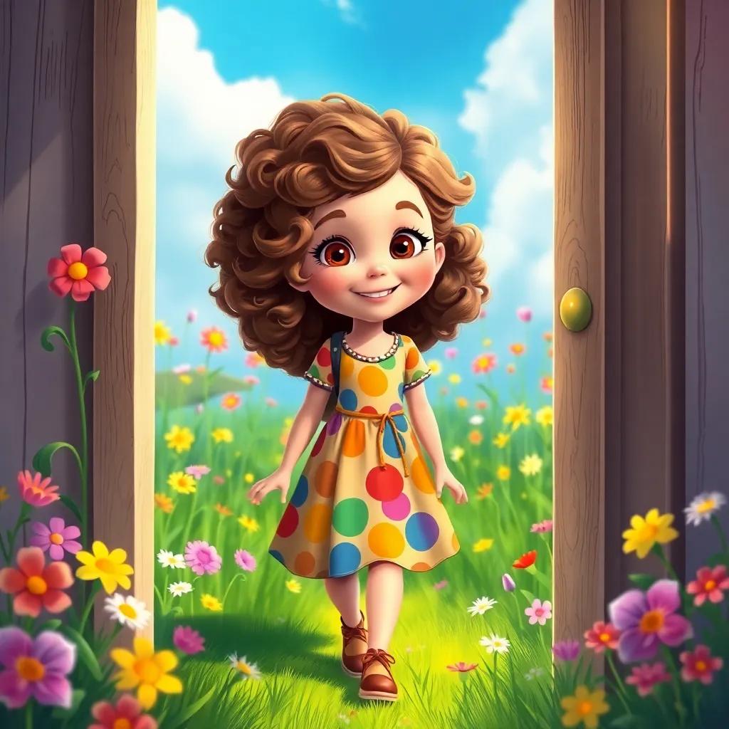 Ella, a brave girl with curly brown hair, wearing a colorful dress, stepping through the door into a vibrant meadow filled with dancing flowers, digital painting, bright colors, joyous atmosphere, cheerful lighting, high quality