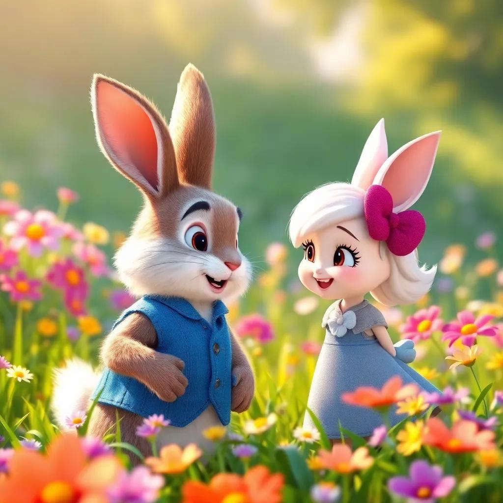 Benny, a talking rabbit with fluffy white fur and a blue vest, meeting Ella in the meadow, surrounded by colorful flowers, digital art, cheerful style, warm sunlight, vibrant scene, engaging quality, high quality