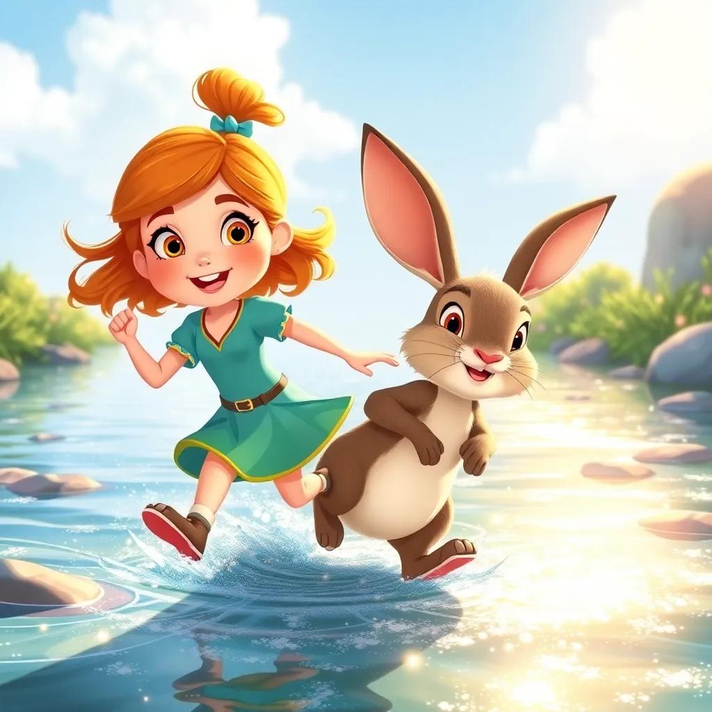 Ella and Benny, a brave girl and a talking rabbit, hopping across a sparkling river, with shimmering water reflecting the sun, cheerful art style, bright colors, adventurous mood, high quality