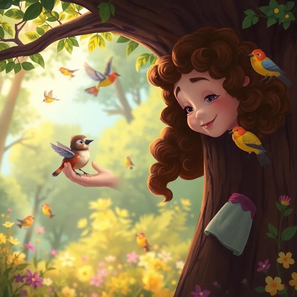 Ella, a brave girl with curly brown hair, helping a little bird stuck in a tree, surrounded by singing birds in a magical forest, digital painting, vivid colors, heartwarming scene, high quality