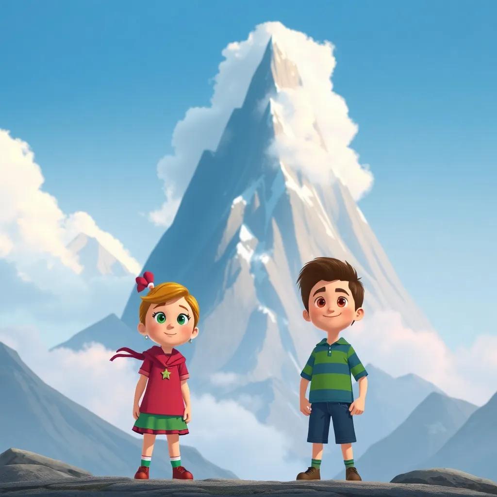 Ella and Benny, standing in front of a tall mountain topped with clouds, determined looks on their faces as they prepare to climb, adventurous illustration, bright colors, motivational atmosphere, high quality