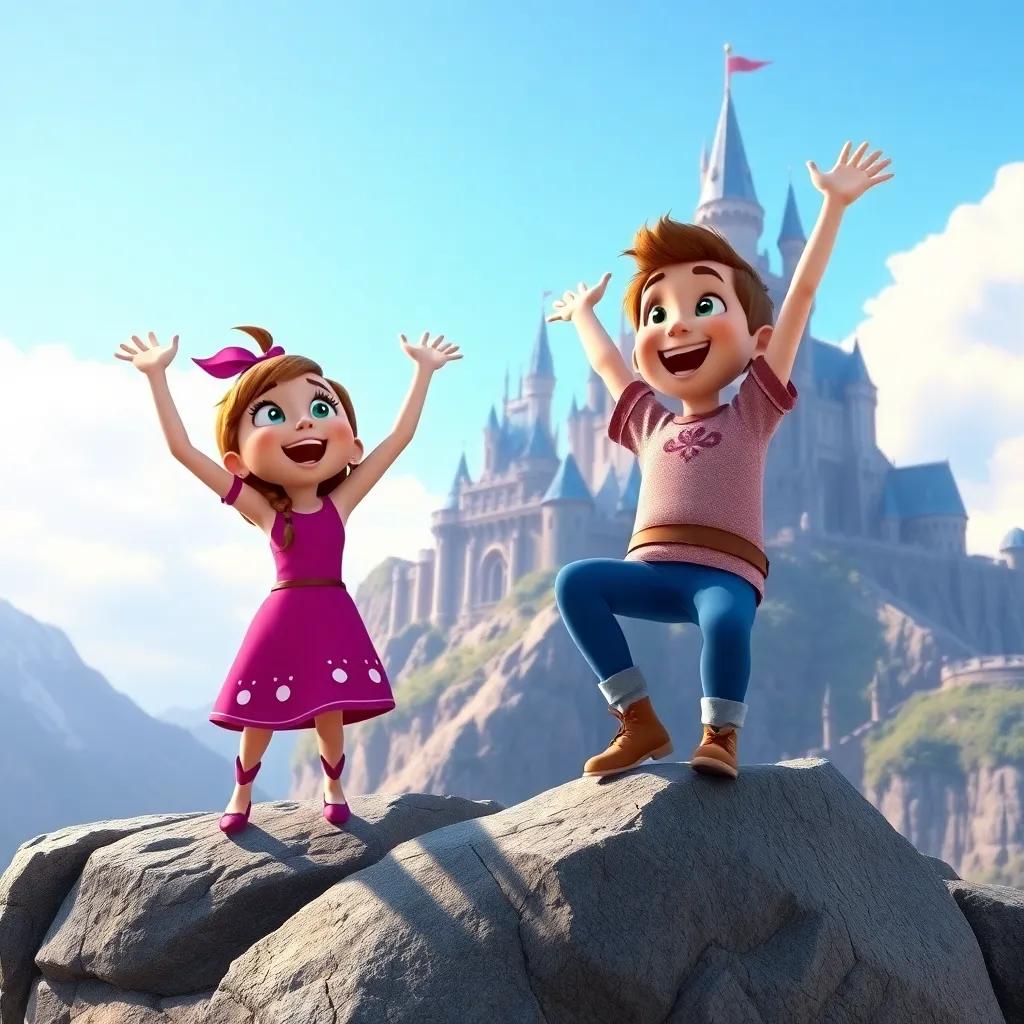 Ella and Benny, reaching the top of the tall mountain, cheering joyfully under a clear blue sky at the Castle of Dreams, magical atmosphere, vibrant colors, proud expressions, high quality