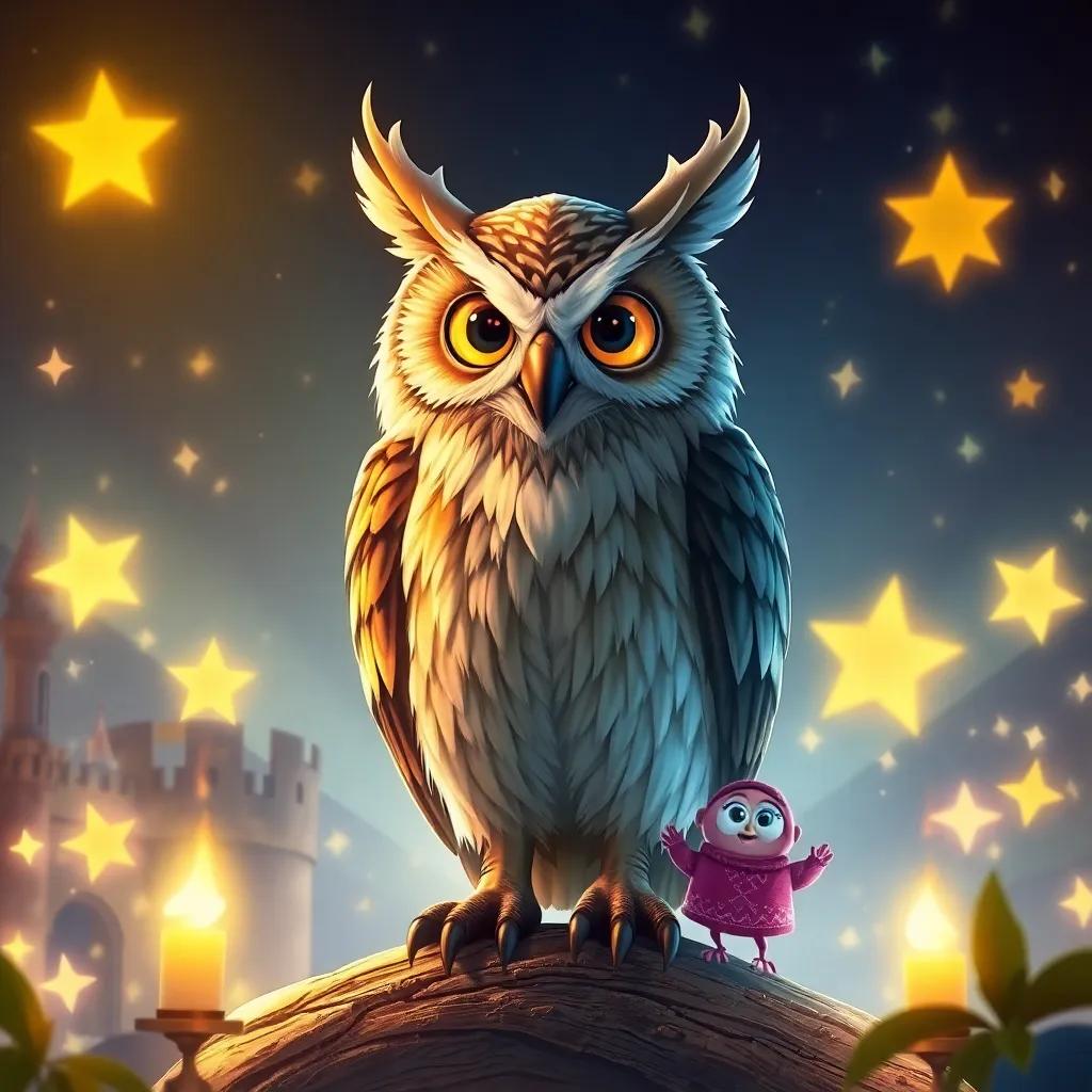 A wise old owl, majestic and wise-looking, greeting Ella and Benny at the Castle of Dreams, surrounded by shimmering stars and magical elements, enchanted digital art, warm light, inviting atmosphere, high quality